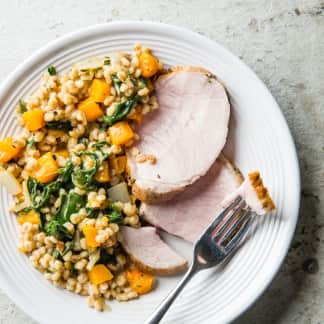 Pork Loin Roast with Barley, Butternut Squash, and Swiss Chard