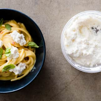 Creamy Corn Bucatini with Corn Ricotta and Basil