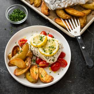 Lemon-Poached Halibut with Roasted Fingerling Potatoes