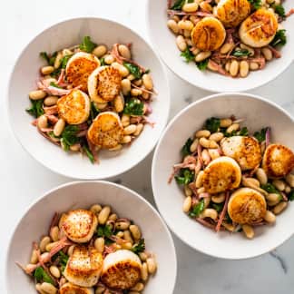Pan-Seared Scallops with White Bean–Salami Salad