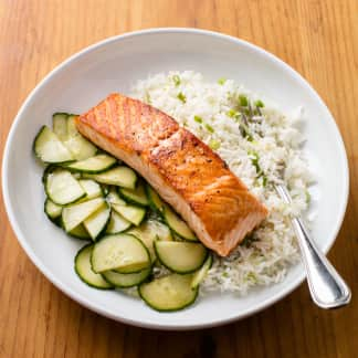 Salmon with Sesame-Scallion Rice and Cucumber Salad