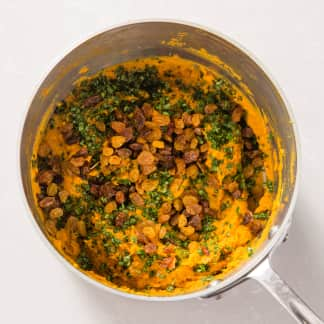 Mashed Sweet Potatoes with Curry and Golden Raisins