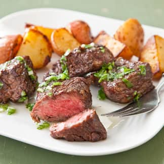 Steak Tips with Cilantro-Scallion Oil and Crispy Potatoes