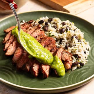 Ancho-Rubbed Flank Steak and Cilantro Rice with Avocado Sauce