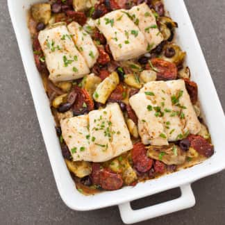 One-Pan Baked Cod with Artichokes, Olives, and Sun-Dried Tomatoes