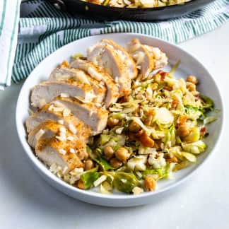 Chicken Breasts with Brussels Sprouts, Chickpeas, and Bacon