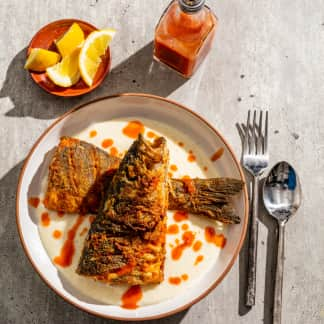 Fried Whole Branzino with Cheesy Grits