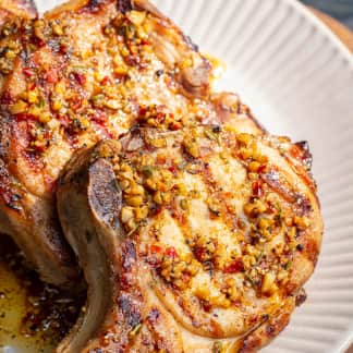 Grilled Brined Pork Chops with Garlic-Herb Oil