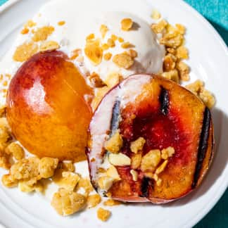 Grilled Nectarines with Crisp Almond Topping and Ice Cream