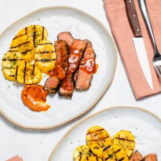 Grilled Rib-Eye Steaks with Summer Squash and Smoky Paprika Lemon Butter