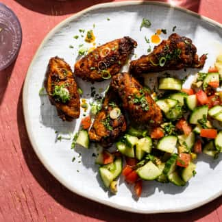 Harissa Wings with Cucumber-Tomato Salad