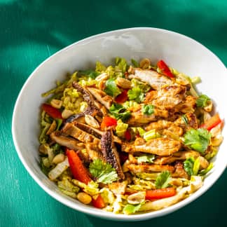 Air-Fryer Hoisin-Ginger Chicken Salad with Napa Cabbage, Shiitakes, and Bell Pepper