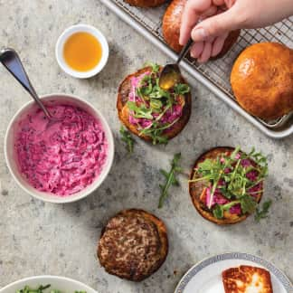 Lamb Burgers with Halloumi and Beet Tzatziki