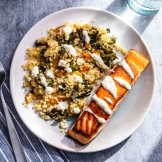 Pan-Seared Salmon with Kale and Quinoa Pilaf and Garlicky Yogurt