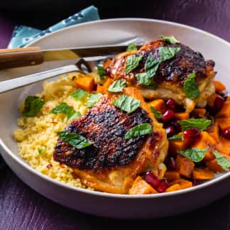 Pomegranate Chicken with Baharat Sweet Potatoes