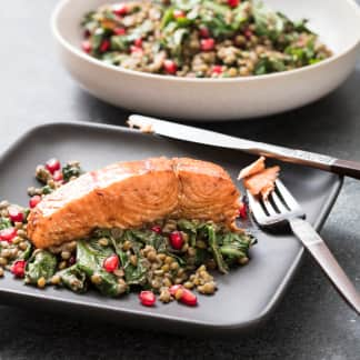 Pomegranate Roasted Salmon with Lentils and Chard