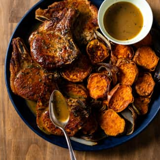 Pork Chops with Sweet Potatoes and Rosemary-Maple Sauce