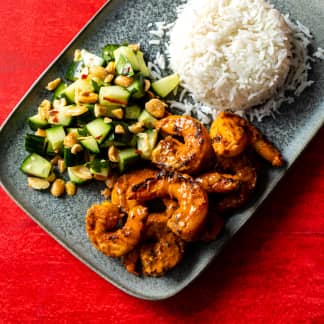 Red Curry Shrimp with Coconut Rice and Cucumber Relish