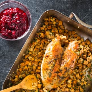 One-Pan Roast Turkey Breast with Herb Stuffing and Cranberry Sauce