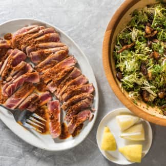 Seared Tuna Steaks with Wilted Frisée and Mushroom Salad