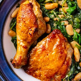 Skillet-Roasted Chicken with Garlicky Spinach and Beans