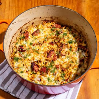 Sorghum Käsespätzle with Caramelized Onions and Kielbasa