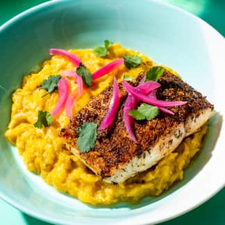 Spiced Mahi-Mahi with Mashed Plantains and Pickled Onion