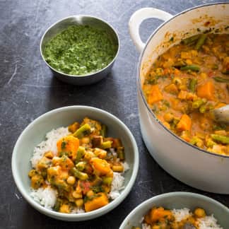 Vegan Indian-Style Curry with Sweet Potatoes, Eggplant, and Chickpeas
