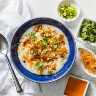 Congee (Chinese Rice Porridge) with Stir-Fried Ground Pork