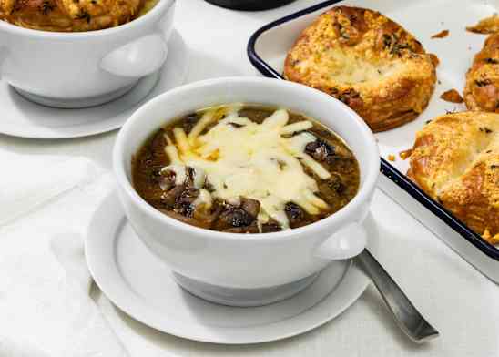French Mushroom Soup with Caramelized Shallots and Puff Pastry