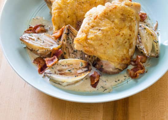Roasted Chicken Thighs with Creamed Shallots and Bacon