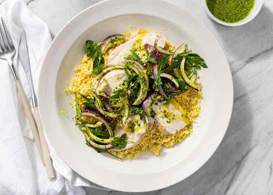 Lemony Chicken and Couscous with Salsa Verde Onions