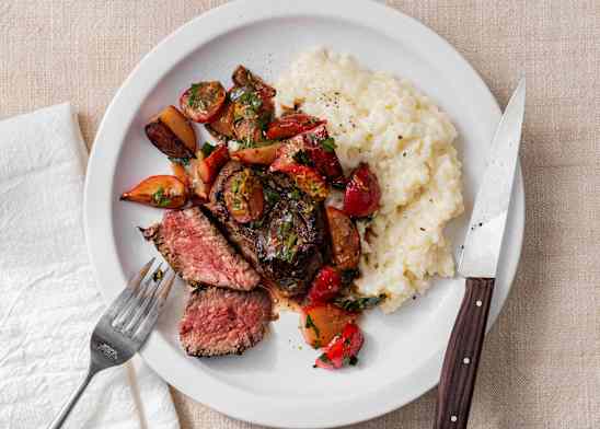 Steaks with Lemony Radishes and Creamy Rice
