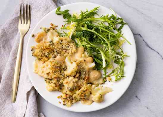 Cheesy Cauliflower and Butter Beans with Caper Crumbs