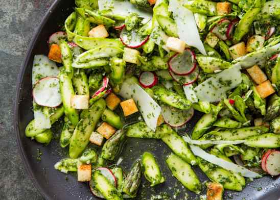 Asparagus Salad with Radishes, Pecorino Romano, and Croutons