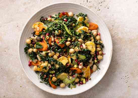 Hearty Bean Salad with Roasted Carrots and Halloumi in a bowl