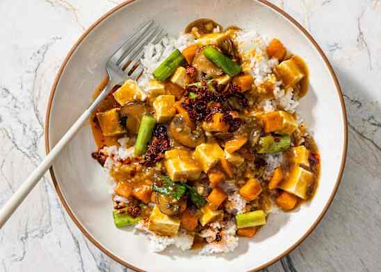 Braised Tofu and Sweet Potatoes with Mushrooms