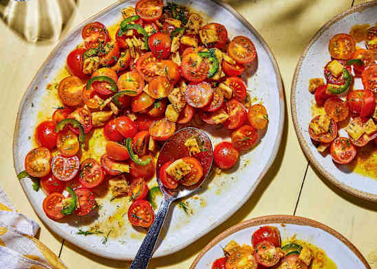 Cherry Tomato Salad with Pita Crisps and Spicy Citrus Dressing