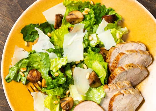Roasted Pork Tenderloin with Romaine and Cremini Salad