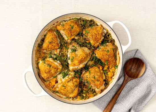 One-Pot Chicken and Rice with Cracked Olives and Apricots
