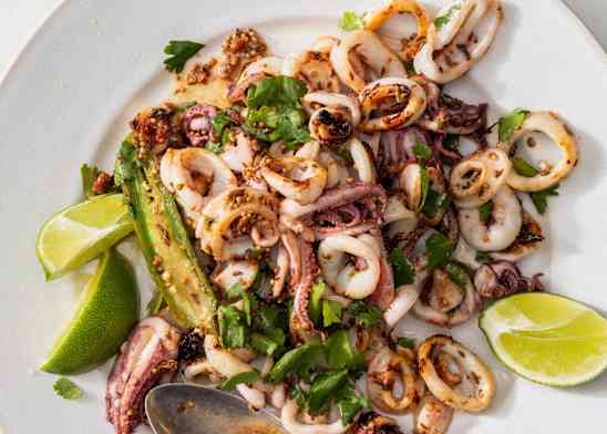 Pan-Seared Squid with Serrano Chile, Whole Spices, and Lime