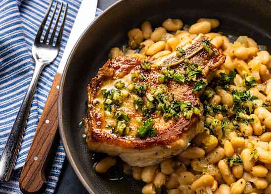 Pork Chops and White Beans with Rosemary Gremolata 