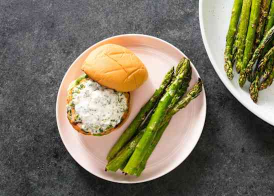 Salmon Burgers with Asparagus and Lemon-Herb Sauce
