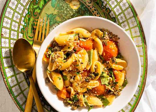 Pasta with Burst Cherry Tomato Sauce and Fried Caper Crumbs