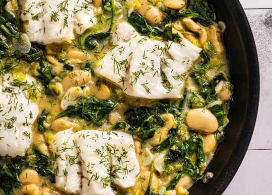 Skillet Poached Cod with Spinach and Butter Beans