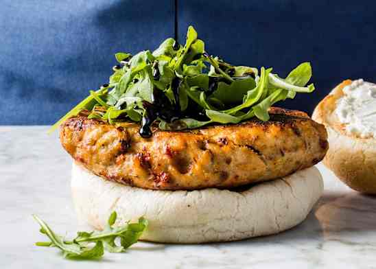 Chicken Burgers with Sun-Dried Tomatoes, Goat Cheese, and Balsamic Glaze