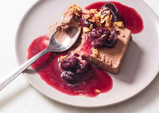 Chocolate Semifreddo with Cherry Sauce and Quick Candied Almonds