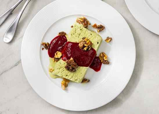 Matcha Semifreddo with Raspberry Coulis