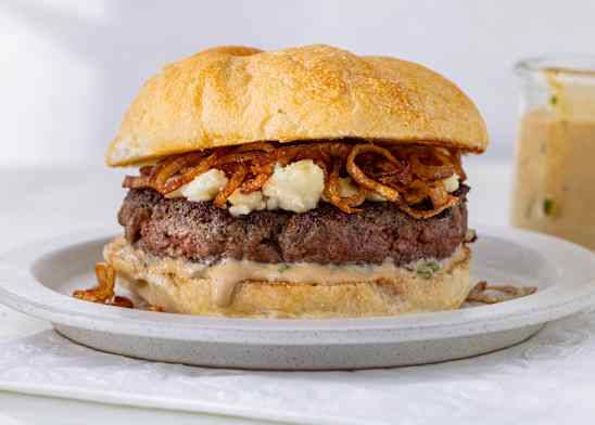 Juicy Pub-Style Burgers with Crispy Shallots and Blue Cheese