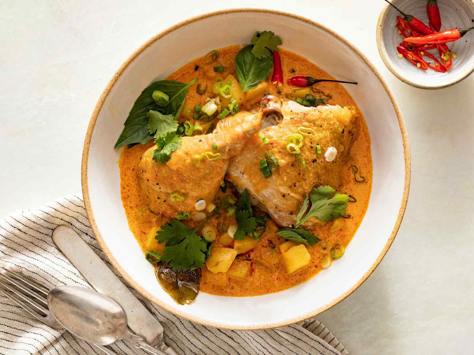 Spatchcocked Chicken with Thai Red Curry, Squash, and Potatoes